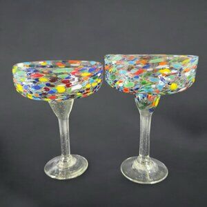 Hand Blown Multicolor Fritz Large Margarita Glasses Cups Set 2 Hand Made Glass